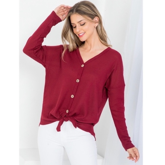 Women’s (NWT) V-Neck Tie Front Waffle Knit Top Color:Burgundy Size:L - Picture 5 of 5
